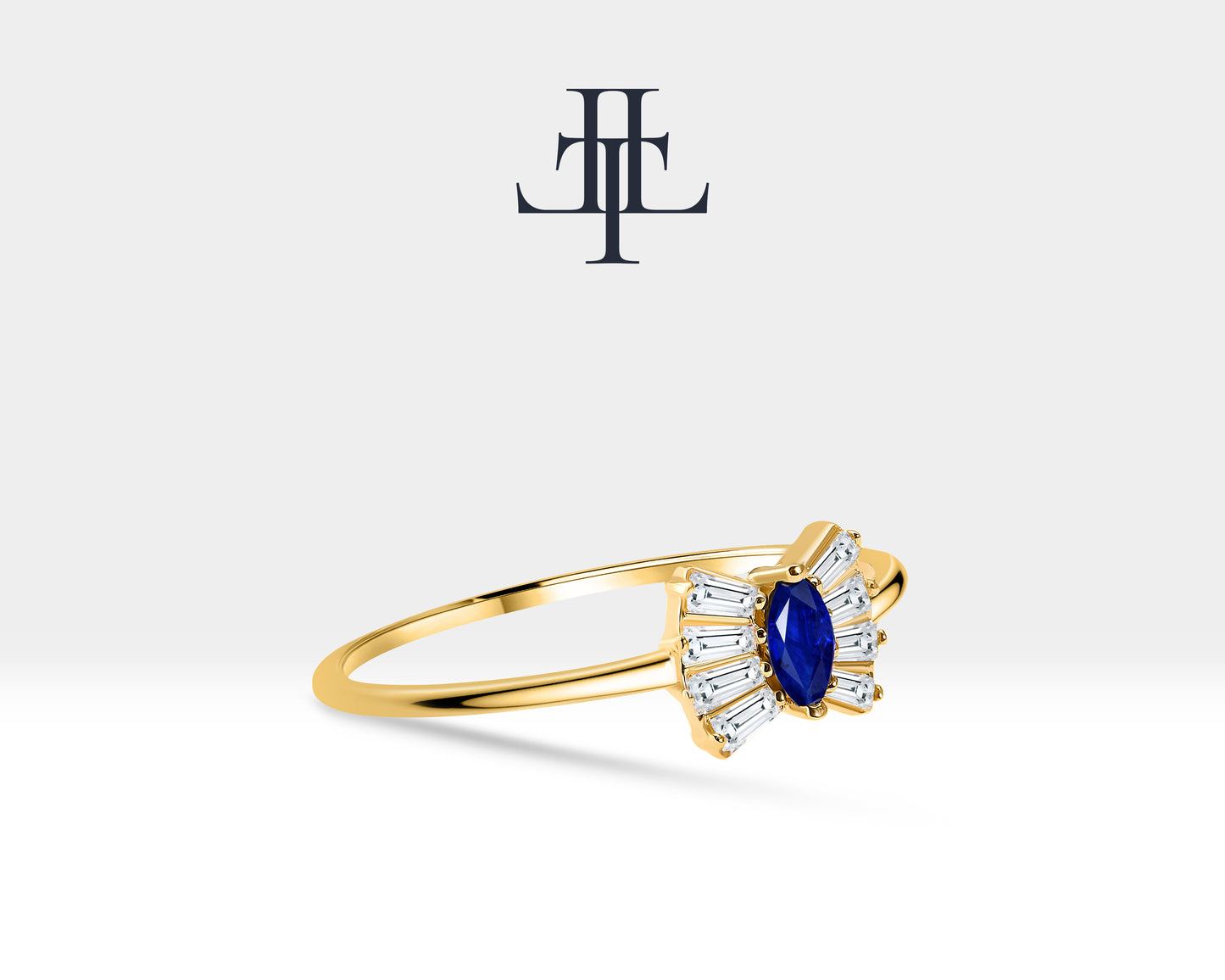 14K Yellow Solid Gold Ring,Multi Stone Ring,Marquise Cut Sapphire and Baguette Diamond