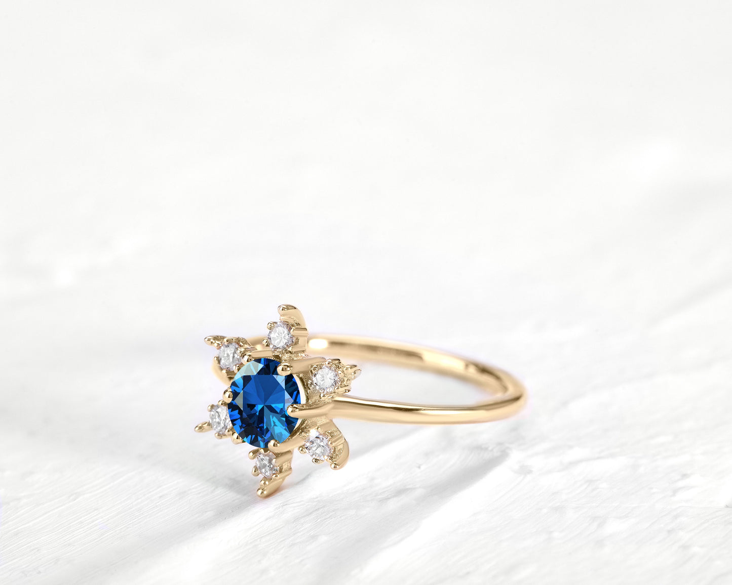Straight Shank Snow Flake Ring, Rose Cut Sapphire with Diamond Ring, 14K