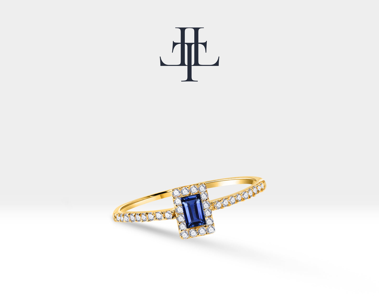 14K Yellow Solid Gold,Multi Stone Ring,Baguette Cut Sapphire and Diamond Ring