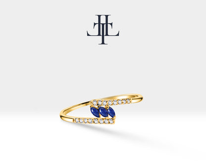 14K Yellow Solid Gold Ring,Marquise Cut Sapphire Ring,Half Eternity Diamond Ring