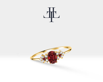 14K Yellow Solid Gold Ring ,Multi Stone Ring ,Oval Cut Ruby with Cluster Setting Diamond