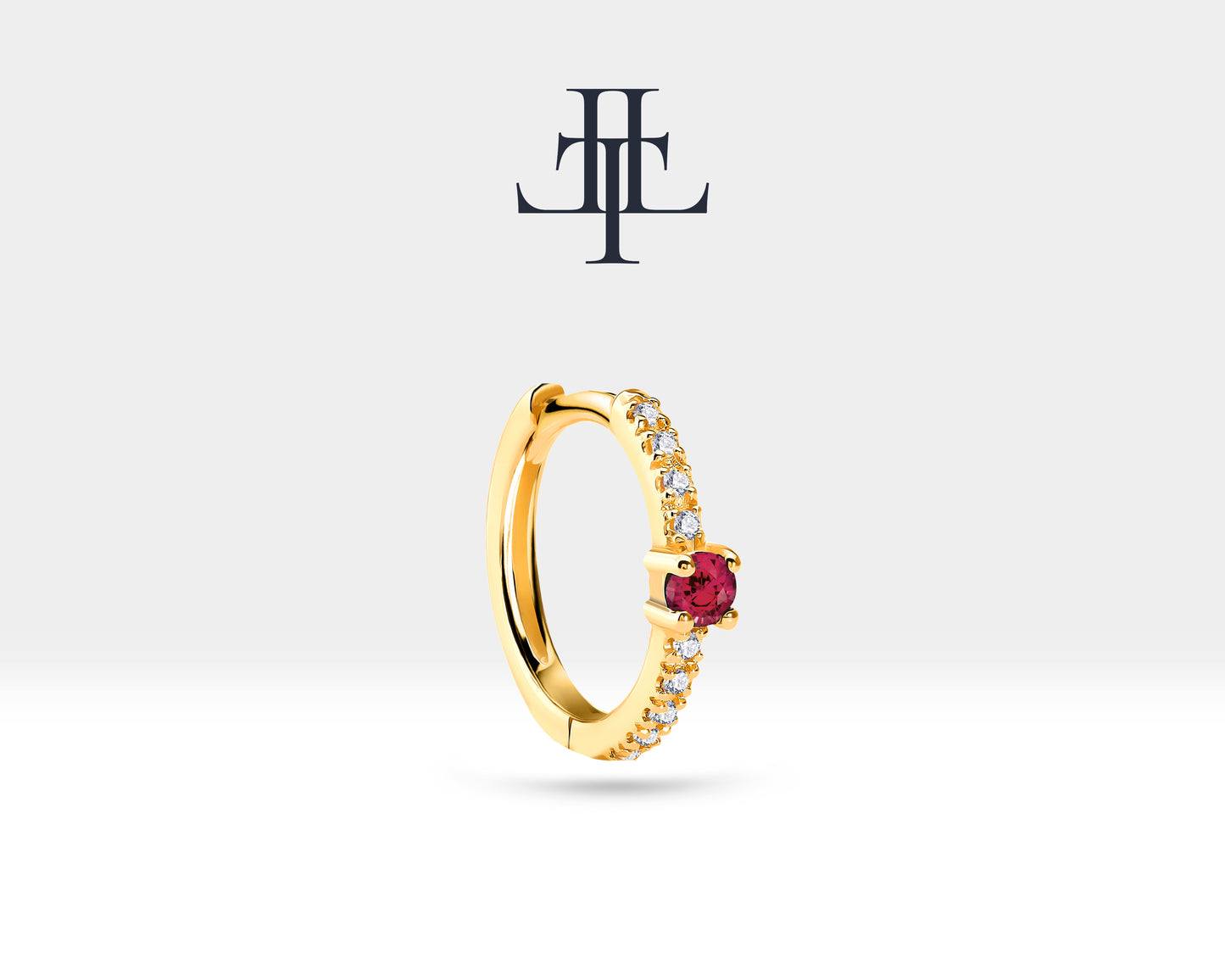 Huggies Earring, Round Cut Ruby and Diamond Hoop Earring ,14K Yellow Solid Gold