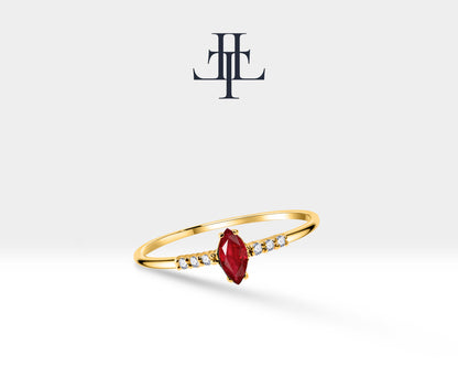 14K Yellow Solid Gold Ring,Marquise Cut Ruby Ring,Tiny Diamond Ring,Multi Stone