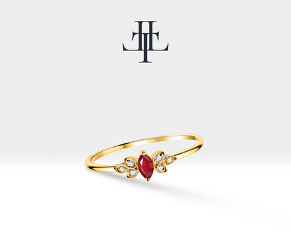 14K Yellow Solid Gold Ring,Straight Shank Ring,Marquise Cut Ruby Ring,Multi Stone