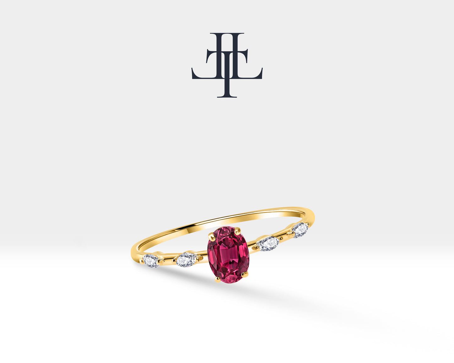 14K Yellow Solid Gold Ring ,Multi Stone Ring ,Oval Cut Ruby with Marquise Diamond Ring