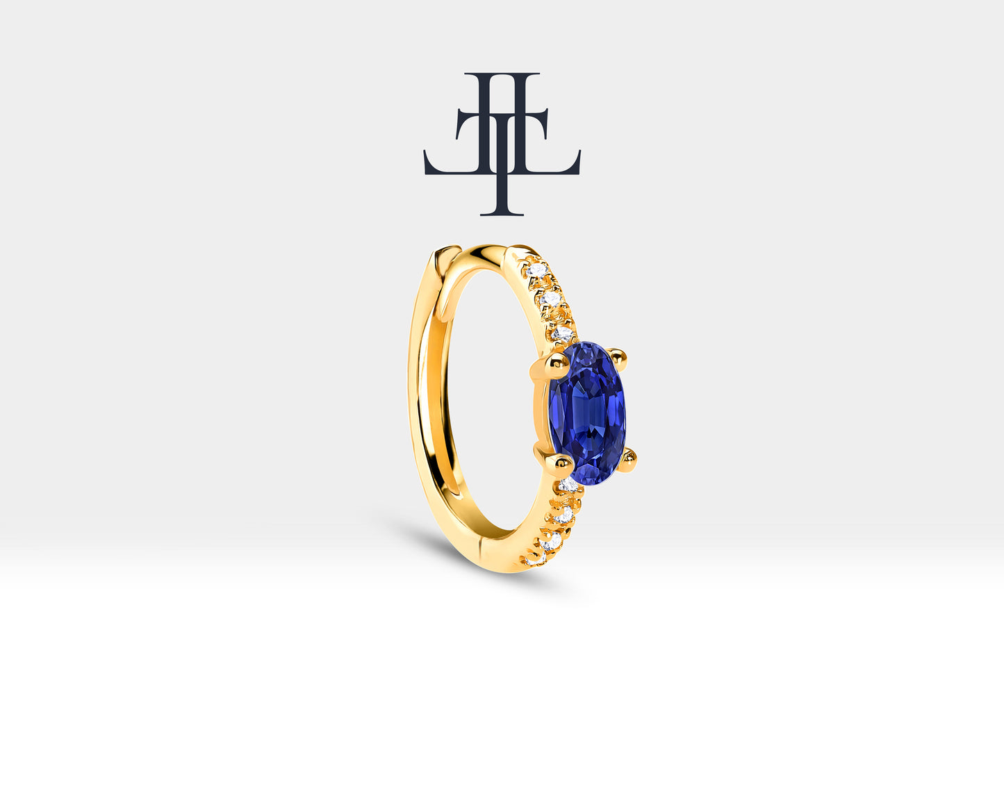 Huggie Hoop Earring , Oval Cut Sapphire and Diamond Design Earring , 14K Yellow Solid Gold