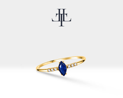 14K Yellow Solid Gold Ring,Marquise Cut Sapphire Ring,Tiny Diamond Ring,Multi Stone