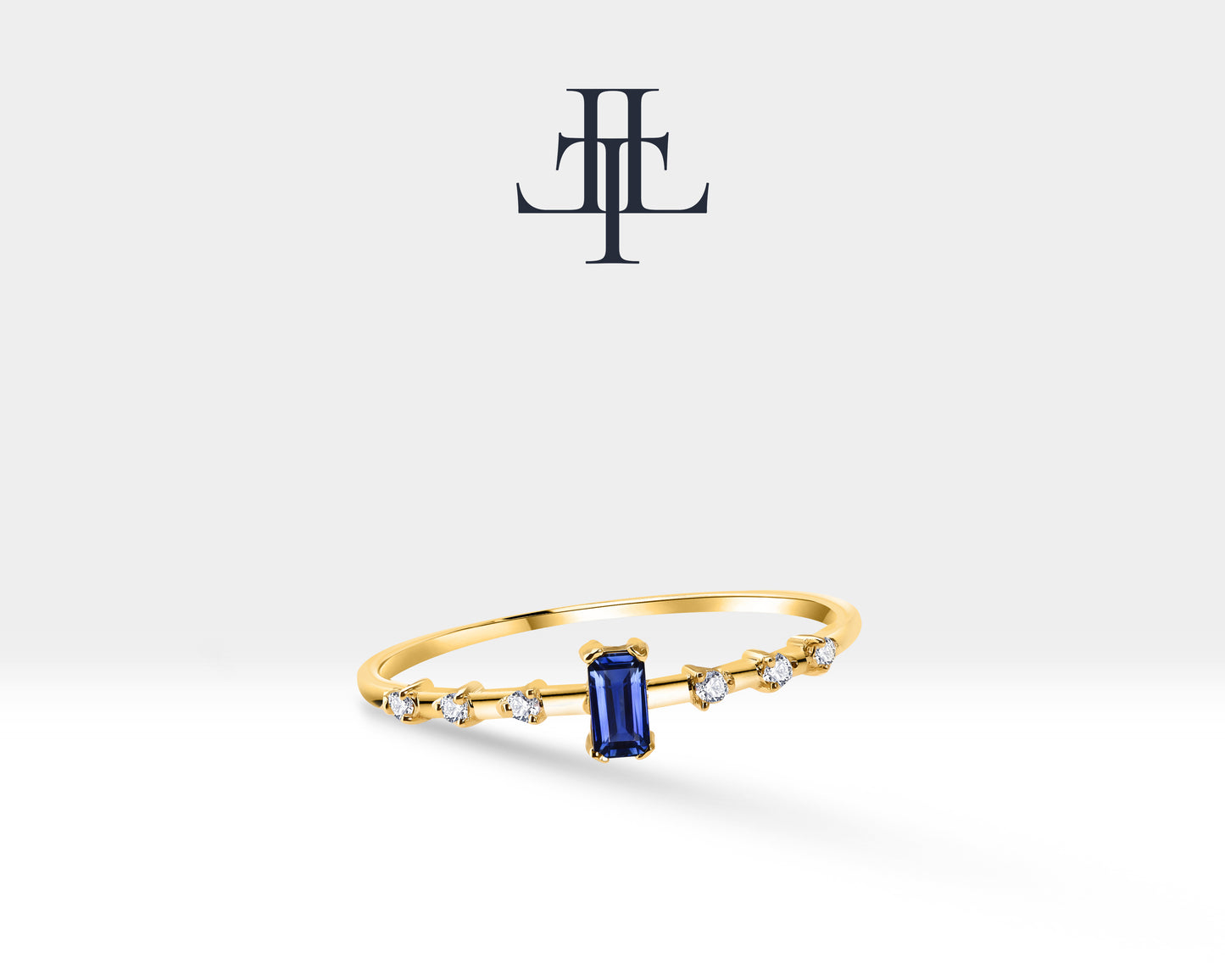 14K Yellow Solid Gold Ring ,Multi Stone Ring ,Baguette Cut Sapphire with Diamond