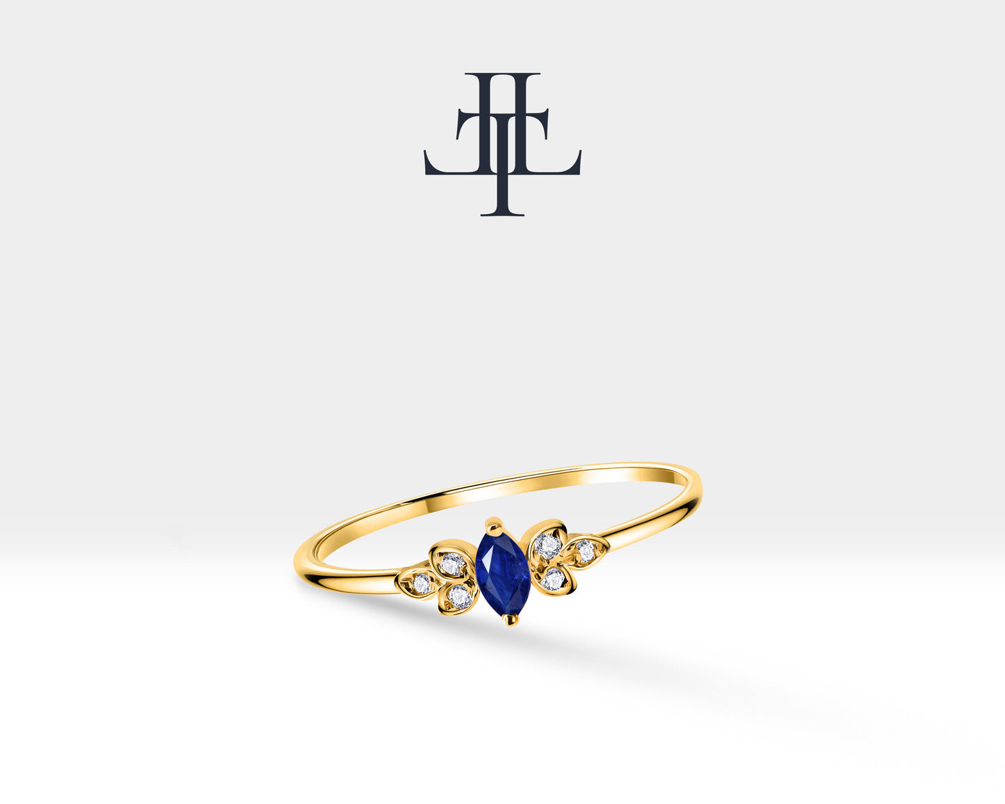 14K Yellow Solid Gold Ring,Straight Shank Ring,Marquise Cut Sapphire Ring,Multi Stone