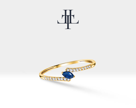 14K Yellow Solid Gold Ring,Marquise Cut Sapphire Ring,Half Eternity Diamond Ring