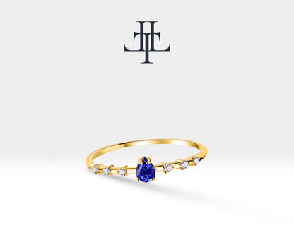 14K Solitaire Gold Ring,Engagement Ring,Pear Cut Sapphire Ring,Tiny Diamond Ring