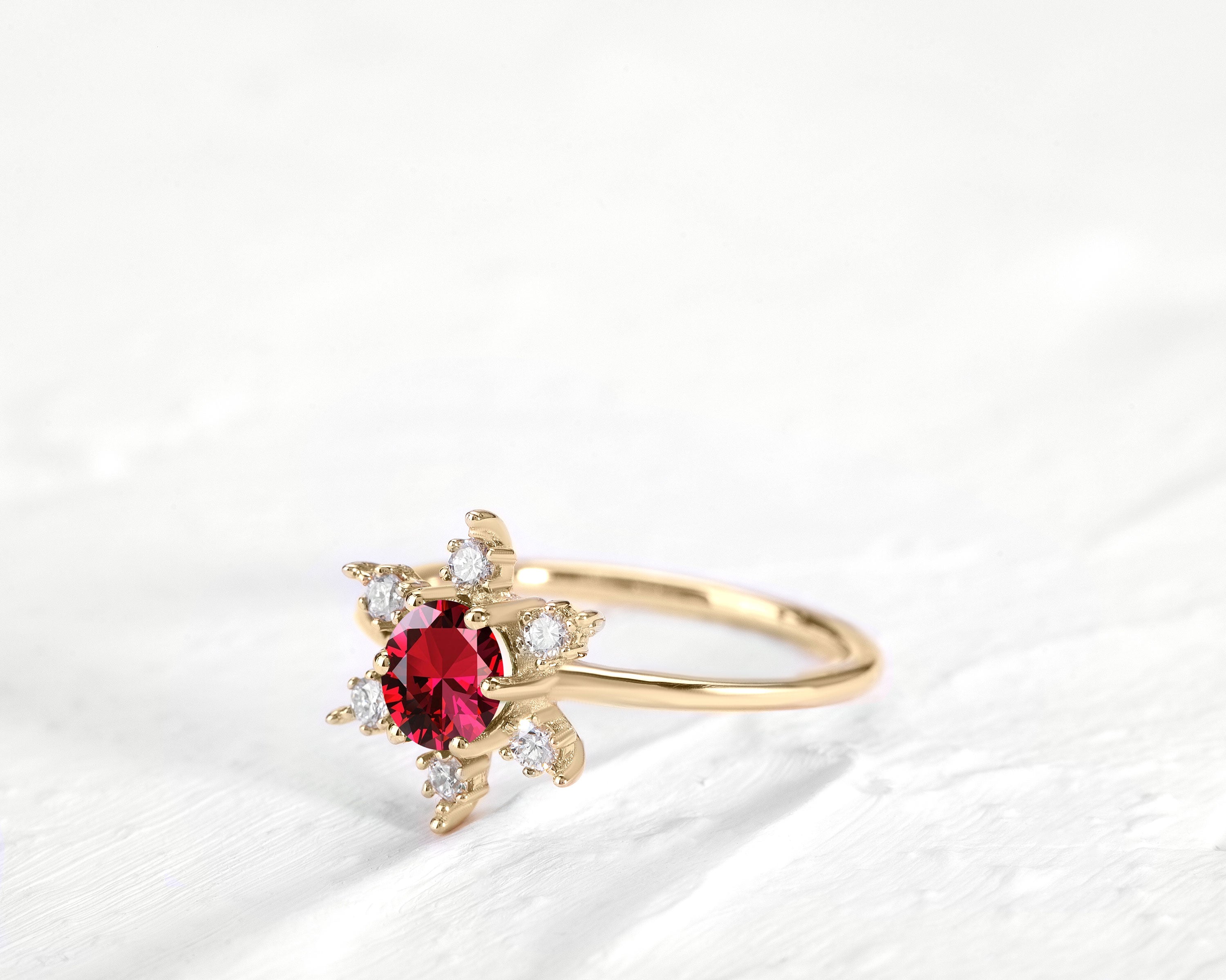 Straight Shank Snow Flake Ring, Rose Cut Ruby with Diamond Ring